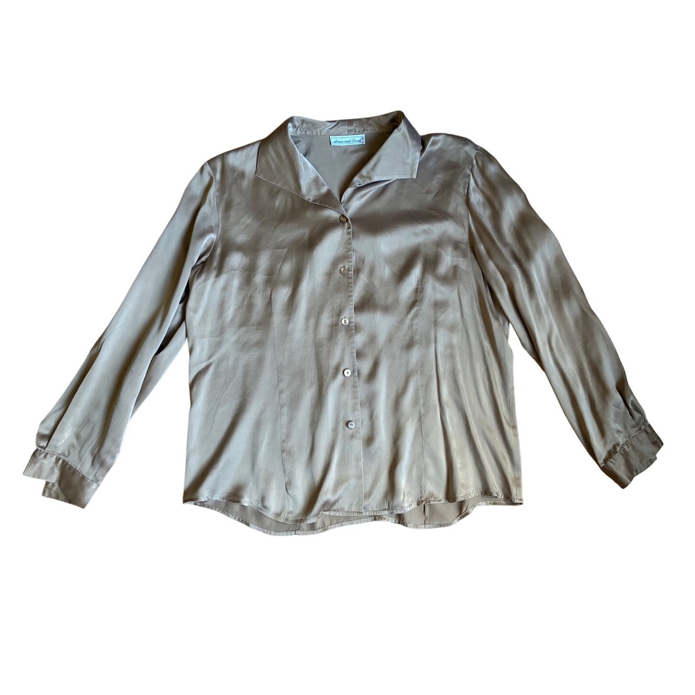 Anna and Frank Champagne Taupe Satin Silk Blouse Top L Quiet Luxury Professional